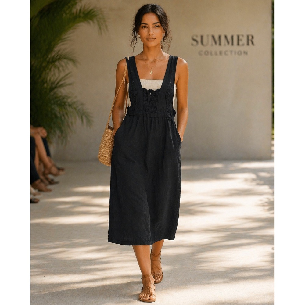 TULLE Black Linen Cotton Overalls Pinafore Midi Dress Jumper Womens Size M NWT